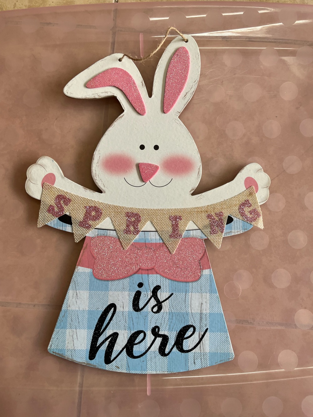 Easter Bunny Wooden Wall Hanging with Pink Accents